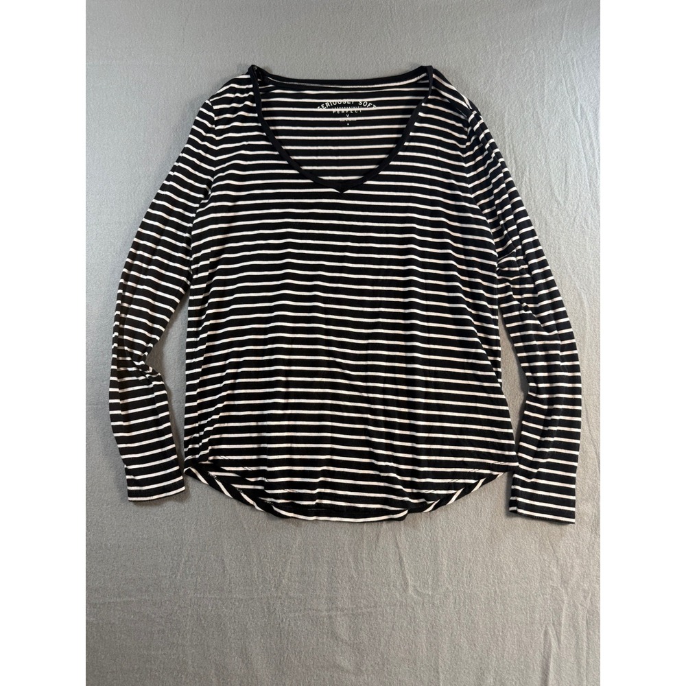 Aeropostale Seriously Soft Women's M Striped V Neck Long Sleeve Top Black White